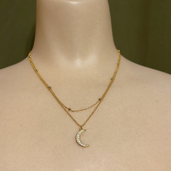 Sterling Silver Gold Plated Crescent Moon Double Strand Crystal Necklace - Picture 9 of 11